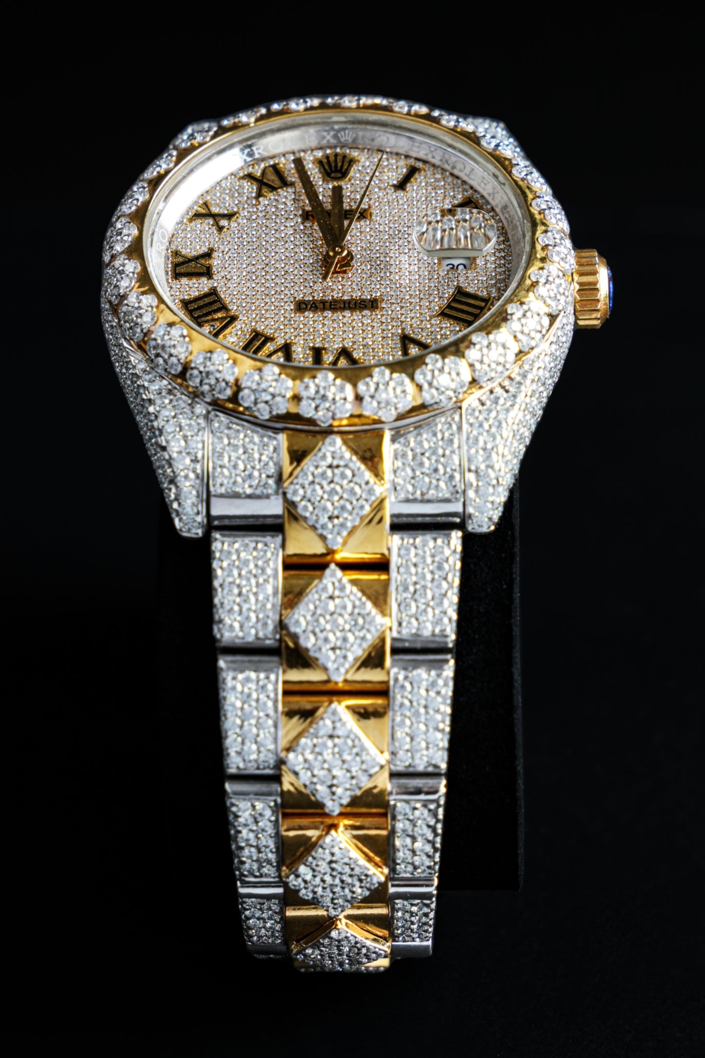 Rolex Golden Two-Tone Moissanite Watch Featuring a Roman Dial: Refined and Radiant