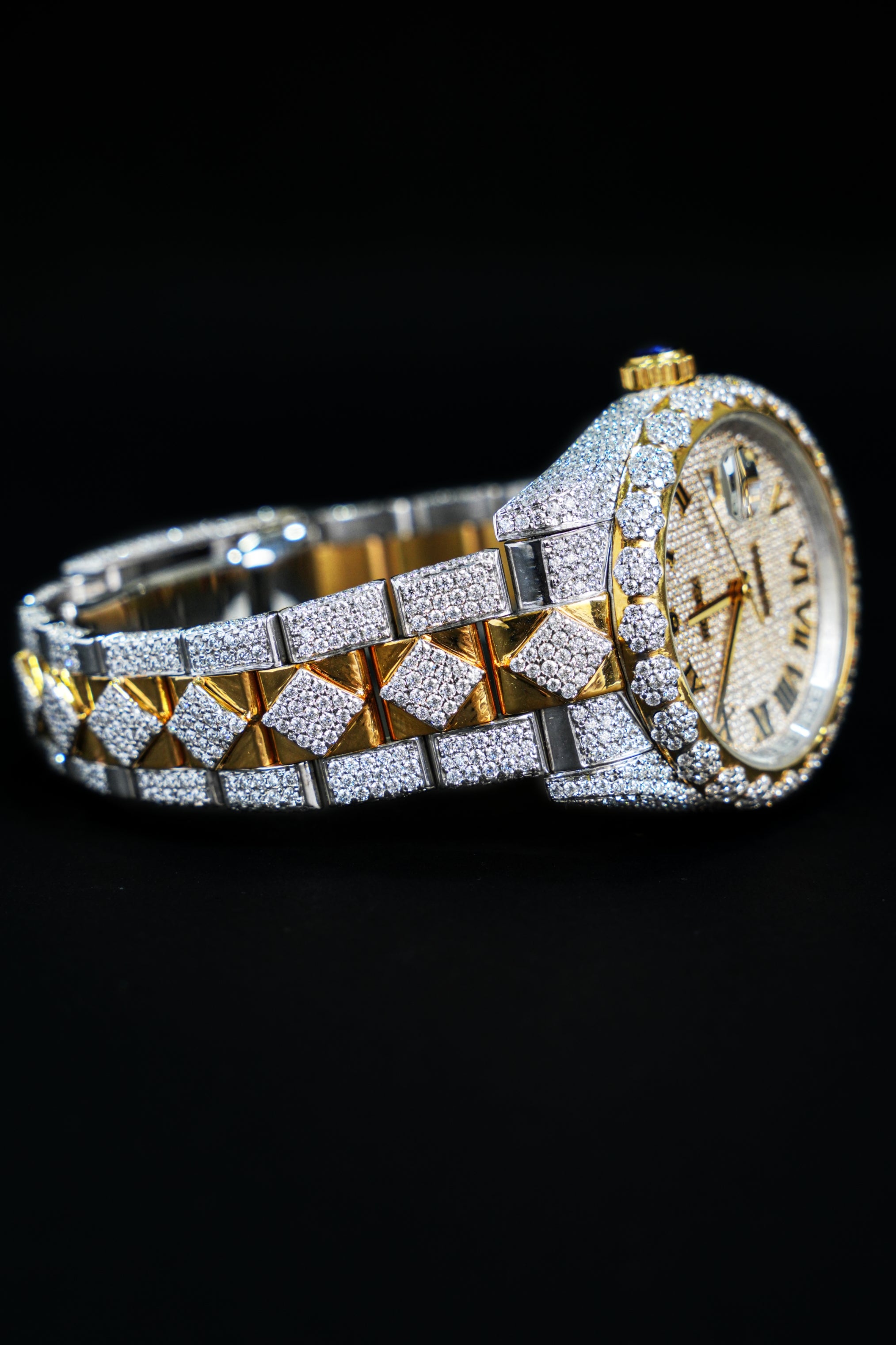 Rolex Golden Two-Tone Moissanite Watch Featuring a Roman Dial: Refined and Radiant